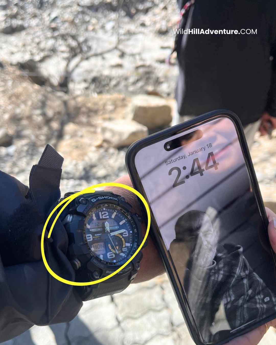 Wild Hill Adventure the phone displays China time, while the watch shows India time.