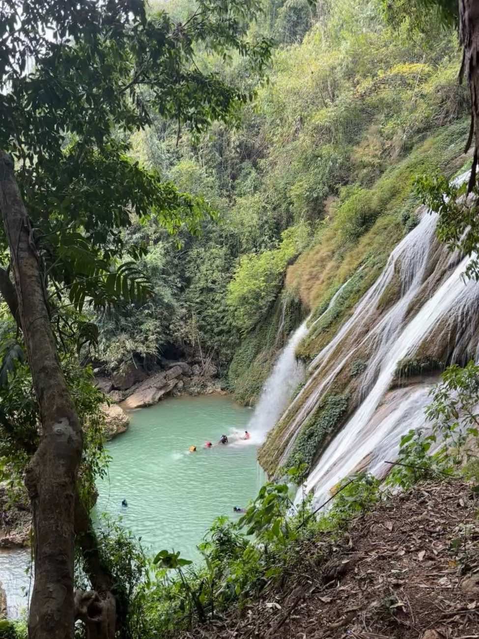 Wild Hill Adventure Waterfall flowing into a turquoise natural pool surrounded by lush forest on a Krem Chympe tour package in Meghalaya.