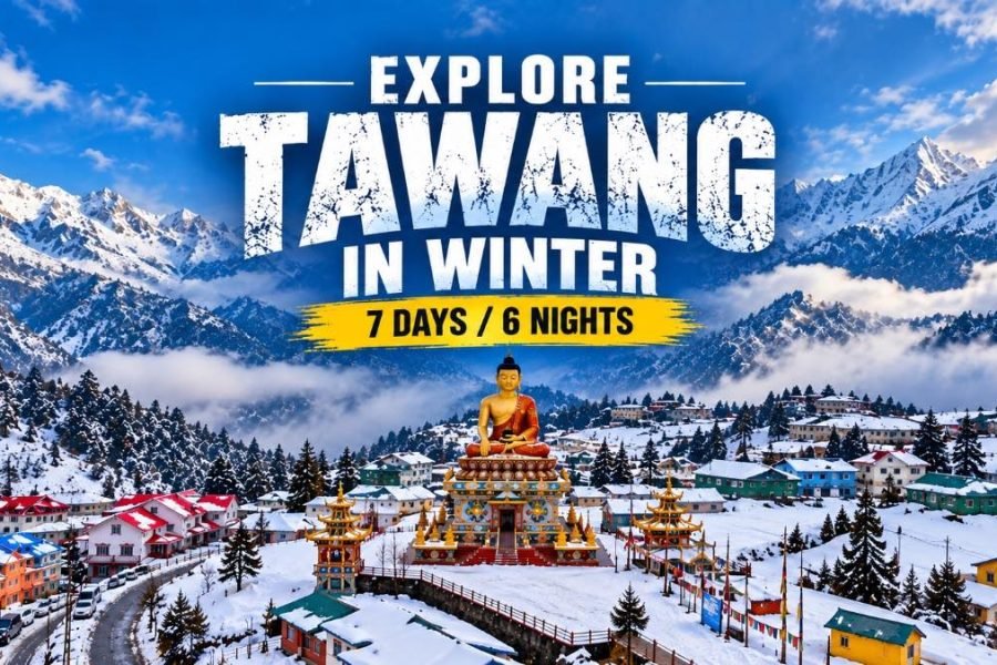 Tawang Winter Tour Package thumbnail featuring a snow-covered Tawang landscape, Buddhist monastery, golden Buddha statue, Himalayan mountains, and the text “Explore Tawang Winter Tour Package – 7 Days / 6 Nights.”