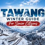 Tawang winter senior citizen travel guide featuring a snowy mountain road in Arunachal Pradesh
