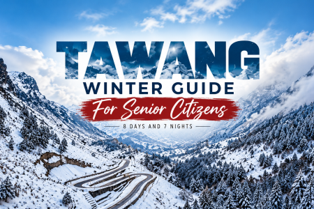 Tawang winter senior citizen travel guide featuring a snowy mountain road in Arunachal Pradesh
