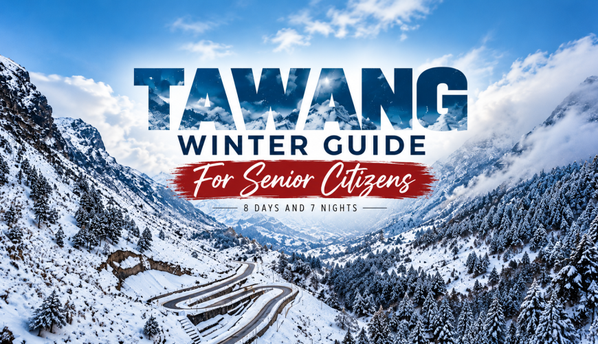 Tawang winter senior citizen travel guide featuring a snowy mountain road in Arunachal Pradesh