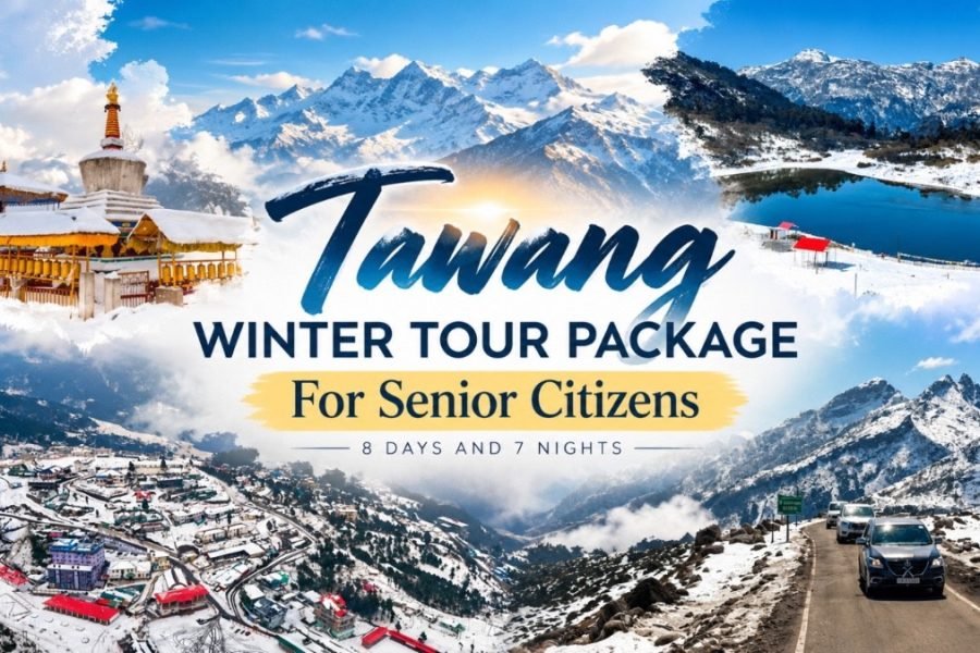 Tawang winter senior citizen tour package featuring snow-covered Himalayan mountains, a snowy village, a Buddhist stupa, a mountain lake and scenic winter roads in Arunachal Pradesh.