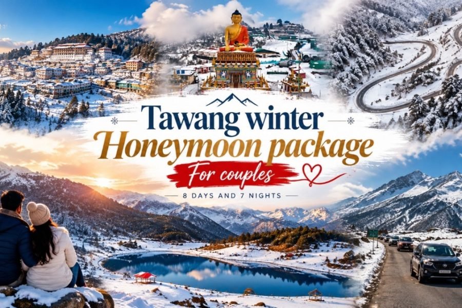 Tawang Winter Honeymoon Package featuring snow-covered Himalayan mountains, a scenic lake, winding mountain roads, Tawang town, and a romantic couple enjoying the winter landscape.